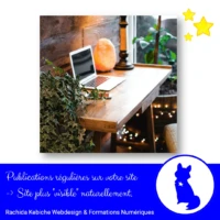 ordinateur portable sur bureau en bois avec une plante verte en premier plan